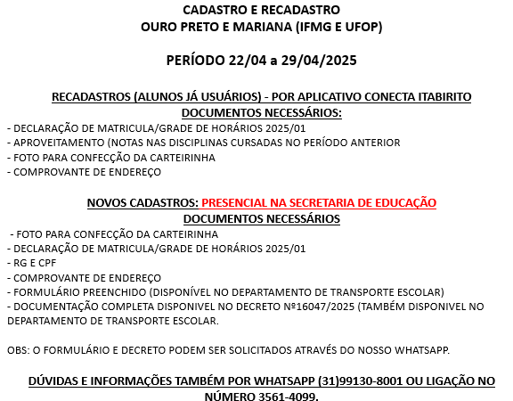 cadastro transporte Itabirito cadastro transporte Itabirito